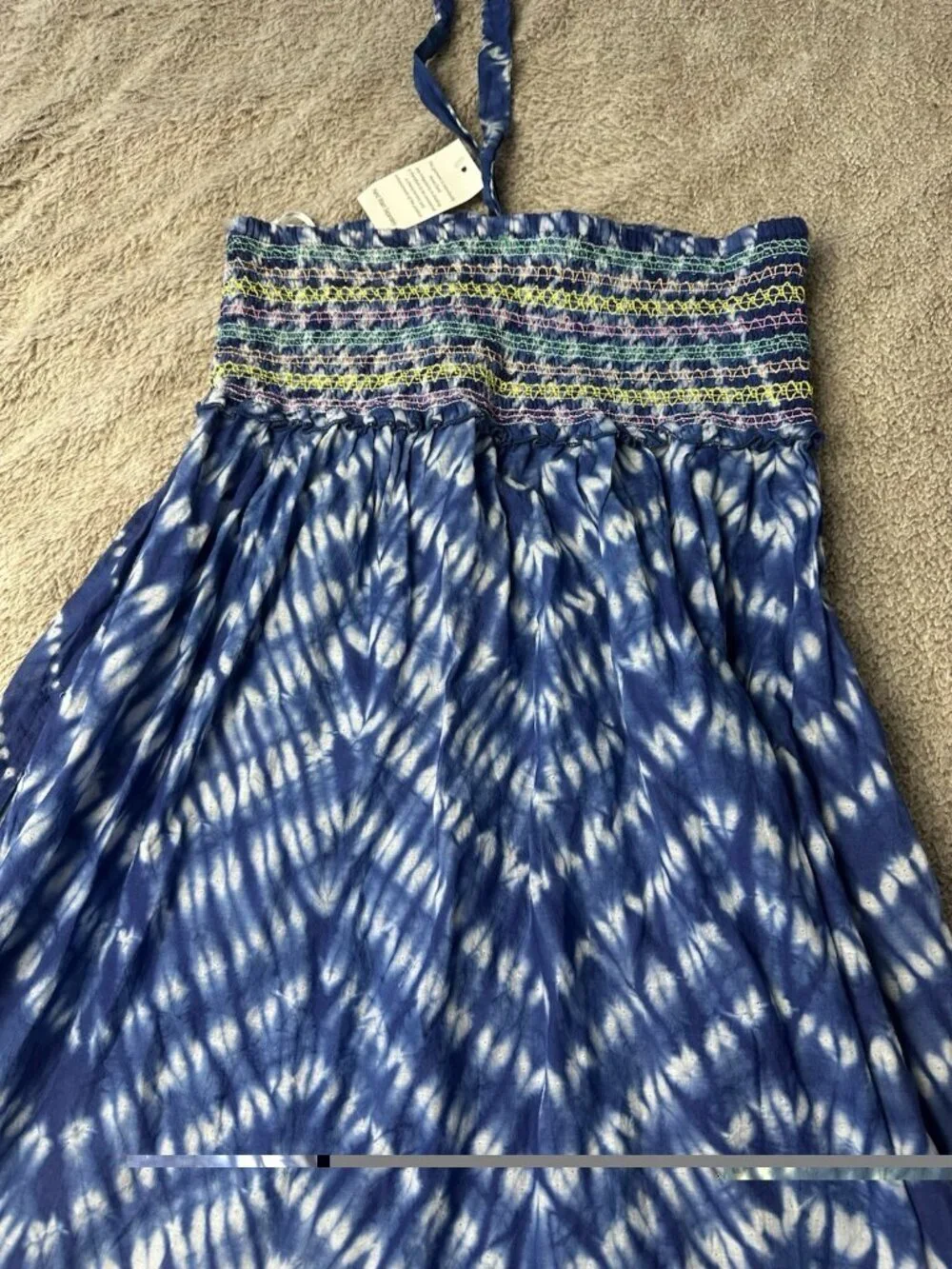 Blue Island Tie Dye Halter Dress Cover Up L Large Cotton Smocked High Low Boho